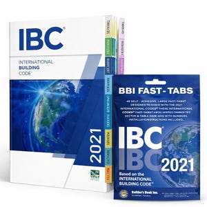 May include: The 2021 International Building Code book with a white cover, blue text, and a globe graphic, featuring colourful side index tabs. Beside it is a blue package of BBI Fast-Tabs for the 2021 IBC, containing 48 self-adhesive index tabs.