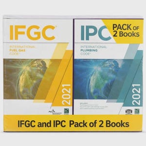 May include: A pack of two 2021 reference books featuring the International Fuel Gas Code in yellow and the International Plumbing Code in blue. Both covers display a globe graphic, the year 2021, and the text IFGC and IPC Pack of 2 Books.