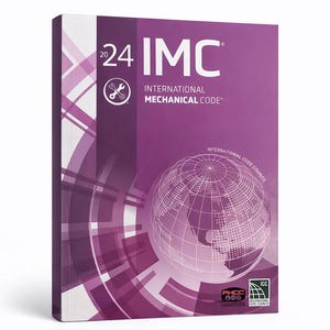 May include: A purple softcover book titled 2024 IMC International Mechanical Code. The cover features a white graphic of a globe, a wrench icon, and the text International Code Council. The design includes abstract white and purple geometric lines.
