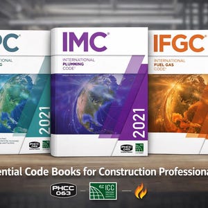 May include: Three 2021 edition code books titled IPC International Plumbing Code, IMC International Mechanical Code, and IFGC International Fuel Gas Code. Each book features a globe graphic in teal, purple, or orange with the year 2021 printed vertically.