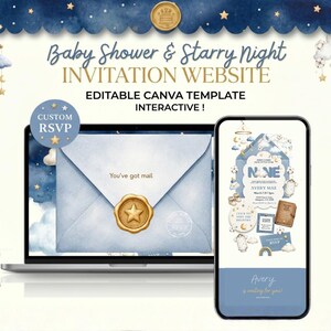 May include: A digital baby shower and starry night invitation website template displayed on a laptop and smartphone screen. The design features a blue envelope with a gold star wax seal, baby-themed illustrations, and editable text fields.