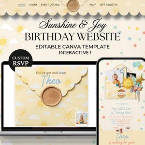 May include: A digital birthday website template displayed on a laptop and smartphone screen. The design features a yellow sun and cloud pattern, a scalloped envelope graphic with a wax seal, and text including Sunshine & Joy BIRTHDAY WEBSITE.