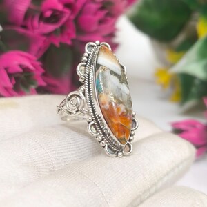 Marquise Gemstone Ring, Turquoise Orange Stone Ring,  925 Sterling Silver Ring, Blue Orange Statement Ring, Boho Jewelry for Women