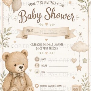 Peut inclure: Une carte d'invitation pour une baby shower avec un ours en peluche marron, des ballons, des fanions et des cubes. Le texte indique "VOUS ÊTES INVITÉ(E) À UNE Baby Shower", "POUR", "CÉLÉBRONS ENSEMBLE L'ARRIVÉE DE CE PETIT TRÉSOR !", "DATE", "HEURE", "LIEU", "RÉPONSE SOUHAITÉE AVANT LE" et "HÂTE DE VOUS Y RETROUVER !"