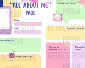 Una página "Todo sobre mí" descargable e imprimible para usar en la escuela o en casa y comprender mejor a nuestros alumnos. Tonos pastel, ambiente tranquilo.