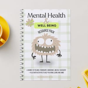 May include: A spiral-bound notebook titled Mental Health & Well Being Resource Pack featuring a light green plaid background and a central illustration of a fuzzy tan monster with large eyes and a wide mouth filled with sharp teeth.