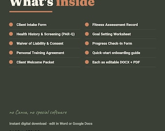 Personal Trainer Client Intake Forms, Editable Onboarding Pack Word Google Docs, Waiver, PARQ Health Screen, Assessment, Coaching Forms