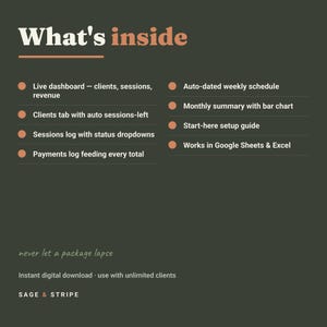 Peut inclure: Un graphique numérique vert foncé intitulé What's inside avec des puces orange listant les fonctionnalités : tableau de bord en direct, onglet clients, journal des sessions, journal des paiements, planning hebdomadaire, résumé mensuel, guide de configuration et compatibilité avec Google Sheets et Excel.