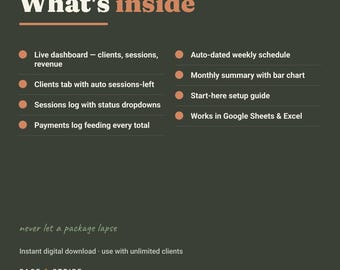 Personal Trainer Client Tracker Spreadsheet, Fitness Coach CRM Google Sheets Excel, Session Log, Payment Tracker, Business Dashboard