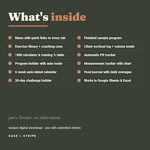 May include: A dark green digital product information graphic titled What's inside with a list of features including a menu, exercise library, 1RM calculator, program builder, calendar, challenge builder, sample program, workout log, PR tracker, and food journal.