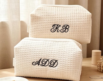 Custom Hand Embroidered Waffle Makeup Bag, Personalized Cosmetic Pouch, Bridesmaid Gift