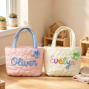 Handmade Mini Tote, Embroidered Cloud Quilted Bag, Personalized Kids Gift for Baby Shower