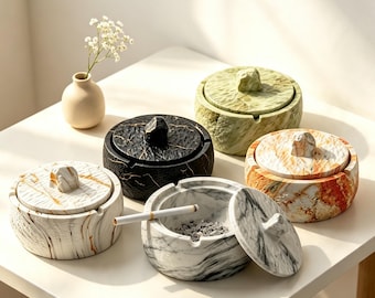 Hand Carved Marble Ashtray With Lid, Smokeless Ash Tray, Housewarming Gift For Him