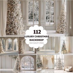 Puede incluir: Una colección de 112 fondos fotográficos digitales con escenas navideñas de lujo, árboles blancos decorados, vistas de ventanas nevadas, arquitectura interior elegante, cortinas suaves e iluminación cálida en un conjunto de alta calidad.