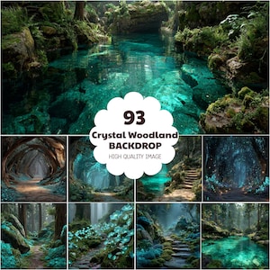 Pode incluir: Uma coleção de 93 fundos digitais com cenas de florestas de cristal, água turquesa, rochas cobertas de musgo, flora brilhante e caminhos de pedra. A etiqueta central branca exibe o texto 93 Crystal Woodland BACKDROP HIGH QUALITY IMAGE.
