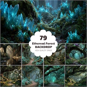 May include: A collection of 79 digital backdrops featuring forest scenes with glowing blue crystals, mossy trees, stone paths, and ancient ruins. The central white scalloped label displays the text 79 Ethereal Forest BACKDROP HIGH QUALITY IMAGE.