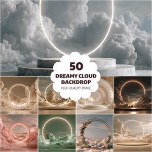 Puede incluir: Una colección de 50 fondos digitales con marcos de luz de neón circulares y pedestales de mármol o sólidos sobre diversas formaciones de nubes. El texto 50 DREAMY CLOUD BACKDROP HIGH QUALITY IMAGE está centrado en una insignia festoneada.