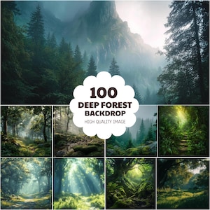 Può includere: Una collezione di 100 sfondi digitali di foreste che presentano varie scene di boschi densi, terreno muschioso, pini imponenti e paesaggi montani nebbiosi con raggi di luce che filtrano attraverso la chioma. Il testo recita 100 DEEP FOREST BACKDROP.