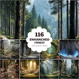 May include: A digital collection of 116 forest-themed images featuring diverse woodland landscapes, including mountain vistas, mossy paths, stone arches, glowing flora, and misty trees with the text 116 ENHANCED FOREST HIGH QUALITY IMAGE.