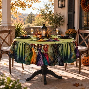May include: A round tablecloth featuring a vibrant illustration of three figures in colorful gowns standing in a dark forest. The design includes deep greens, purples, and oranges. The tablecloth is draped over a round table with a black lantern.