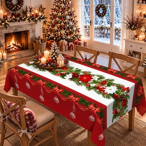 Rechteckige Weihnachtstischdecke, Polyestertischdecke, Festliche Tischdekoration, Landhausstil, Rot-weiße Tischwäsche, Wohnzimmerdekoration