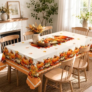 May include: A rectangular tablecloth featuring a repeating pattern of orange pumpkins, gourds, and autumn leaves on a cream background. The fabric has a scalloped edge with a solid orange border and white trim, draped over a wooden dining table.