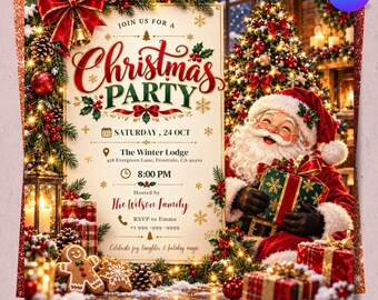 Può includere: Un volantino di invito per una festa di Natale con un fiocco rosso, un omino di pan di zenzero e Babbo Natale che tiene un regalo. Il testo recita: JOIN US FOR A Christmas PARTY, SATURDAY, 24 OCT, The Winter Lodge, 8:00 PM, Hosted by The Wilson Family.