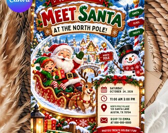 Può includere: Un biglietto d'invito natalizio con Babbo Natale e un elfo su una slitta, una renna, un pupazzo di neve e un villaggio del Polo Nord. Il testo include: YOU'RE INVITED! MEET SANTA AT THE NORTH POLE! SATURDAY, OCTOBER 24, 2026, 11:00 AM 3:00 PM.