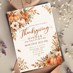 Thanksgiving Dinner Invitation Template, Friendsgiving Invite, Canva Editable Let's Give Thanks Invitation, Fall Rustic Pumpkin Party Card