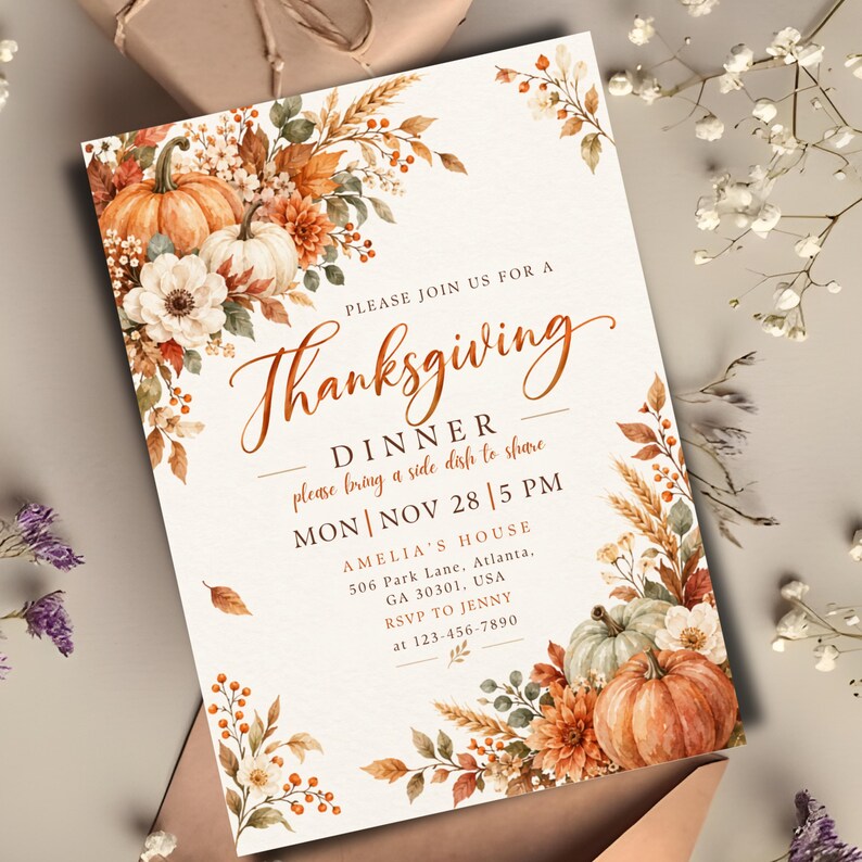 Thanksgiving Dinner Invitation Template, Friendsgiving Invite, Canva Editable Let's Give Thanks Invitation, Fall Rustic Pumpkin Party Card