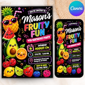 May include: A black birthday party invitation featuring colorful cartoon fruits with faces, including a pineapple with sunglasses, watermelon, avocado, orange, cherries, lemon, lime, strawberry, blueberry, and raspberry, with text reading Mason's FRUITY FUN.