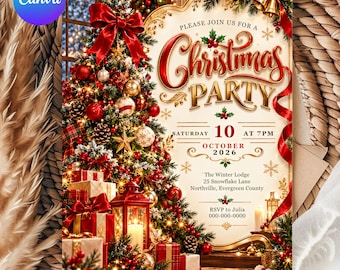 Può includere: Un invito per una festa di Natale con un albero decorato con fiocchi rossi, ornamenti e regali. Il testo recita: Please join us for a Christmas Party, Saturday 10 at 7pm, October 2026, The Winter Lodge, 25 Snowflake Lane, Northville, Evergreen County.