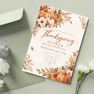 Thanksgiving Dinner Invitation Template, Friendsgiving Invite, Canva Editable Let's Give Thanks Invitation, Fall Rustic Pumpkin Party Card