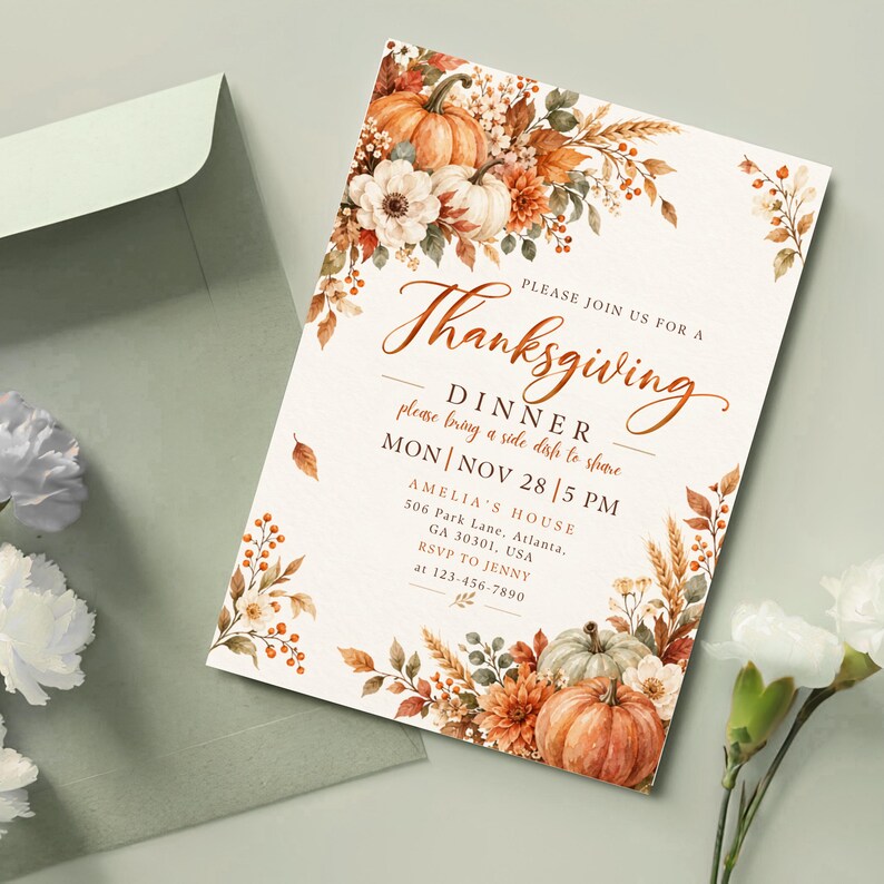 Thanksgiving Dinner Invitation Template, Friendsgiving Invite, Canva Editable Let's Give Thanks Invitation, Fall Rustic Pumpkin Party Card