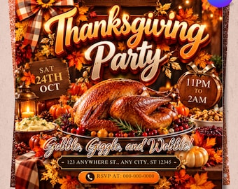 Può includere: Un volantino per una festa del Ringraziamento con un tacchino arrosto, foglie autunnali e zucche. Il testo include "Thanksgiving Party", "SAT 24TH OCT", "11PM TO 2AM", "Gobble, Giggle, and Wobble!", "123 ANYWHERE ST., ANY CITY, ST 12345" e "RSVP AT: 000-000-0000".
