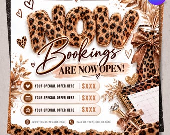 Può includere: Un modello di volantino digitale con il testo NOW BOOKINGS ARE NOW OPEN in un carattere con stampa leopardata. Il design include un bicchiere con un fiocco, un'agenda, una penna con un diamante in cima e tre spazi per offerte personalizzabili.