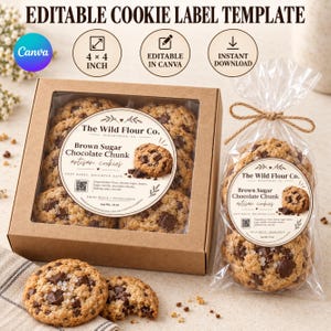 Op de afbeelding: Een bewerkbaar koekjeslabel-sjabloon met een rond ontwerp voor The Wild Flour Co. Brown Sugar Chocolate Chunk artisanale koekjes. Het label bevat tekst, een QR-code en is afgebeeld op een bruine doos en een doorzichtige plastic zak met koekjes.