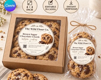 Può includere: Un modello di etichetta per biscotti modificabile con un design circolare per i biscotti artigianali Brown Sugar Chocolate Chunk di The Wild Flour Co. L'etichetta include testo, un codice QR, ed è mostrata su una scatola marrone e un sacchetto.