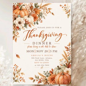Thanksgiving Dinner Invitation Template, Friendsgiving Invite, Canva Editable Let's Give Thanks Invitation, Fall Rustic Pumpkin Party Card