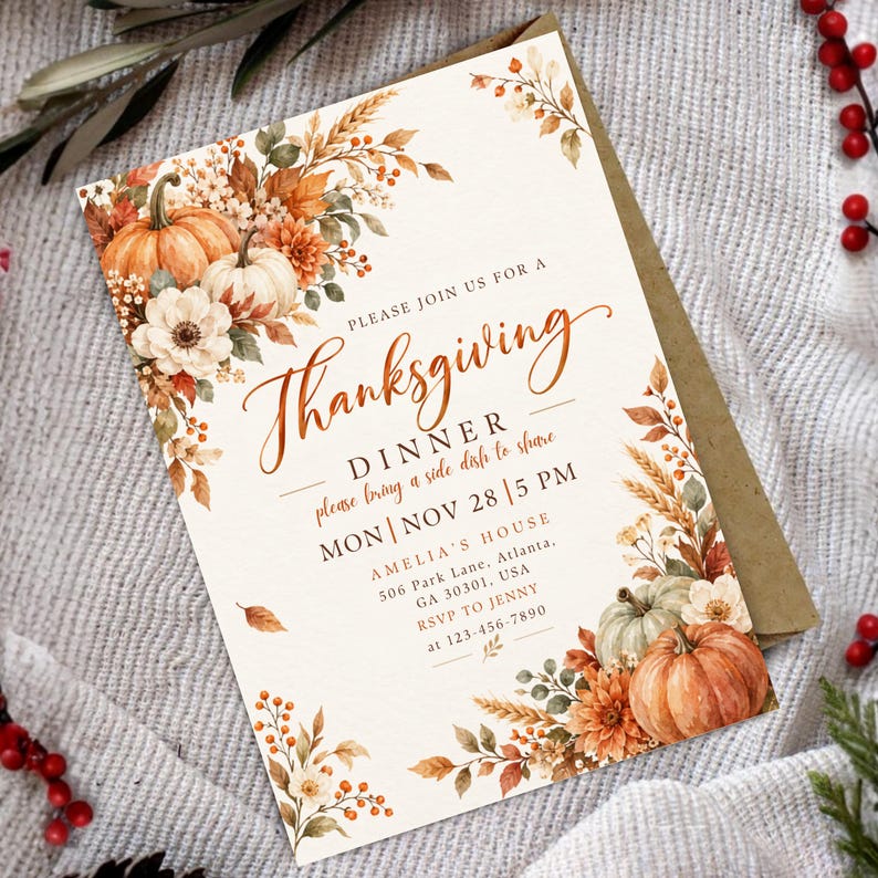 Thanksgiving Dinner Invitation Template, Friendsgiving Invite, Canva Editable Let's Give Thanks Invitation, Fall Rustic Pumpkin Party Card