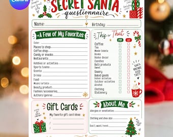 Può includere: Un questionario Secret Santa stampabile su sfondo bianco con grafiche natalizie rosse e verdi tra cui un cappello da Babbo Natale, regali, un bastoncino di zucchero e un albero di Natale. Il modulo include sezioni per preferiti e scelte.