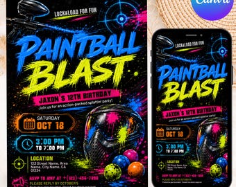 Può includere: Un invito digitale per una festa di compleanno a tema paintball con sfondo nero, schizzi di vernice blu e gialla neon, un marcatore da paintball, una maschera protettiva e testo che include Paintball Blast, Jaxon's 12th Birthday, Oct 18.