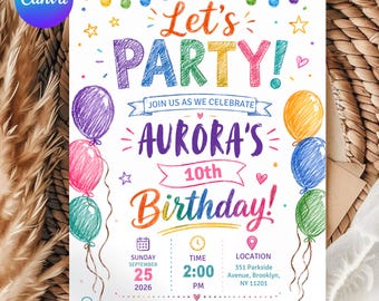 Può includere: Un colorato invito per una festa di compleanno con testo disegnato a mano Let's PARTY! Aurora's 10th Birthday, decorato con palloncini multicolori, luci a corda e cuori. Include data, ora, luogo e dettagli RSVP su uno sfondo bianco.