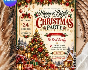 Può includere: Un invito per una festa di Natale con un albero decorato, un cervo e regali. Il testo recita: You're invited to a Happy & Bright Christmas Party, Saturday 24 October at 06:00 PM, Hosted by The Ford Family, Ford's House 1234 White Street.