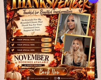 Può includere: Un modello di volantino digitale intitolato THANKSVEMBER con foglie autunnali, zucche e due foto di una persona con capelli biondi. Il testo include Thankful for Beautiful Transformations, November Bookings Available e Book Now con segnaposti.
