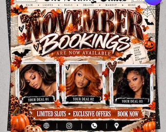 Può includere: Un volantino promozionale intitolato The Beauty Times con November Bookings Are Now Available. Il design include foglie autunnali, zucche, pipistrelli e tre cornici rettangolari che mostrano persone con capelli acconciati. Il testo include Limited Slots, Exclusive Offers, Book Now e Your Deal 01, 02 e 03.