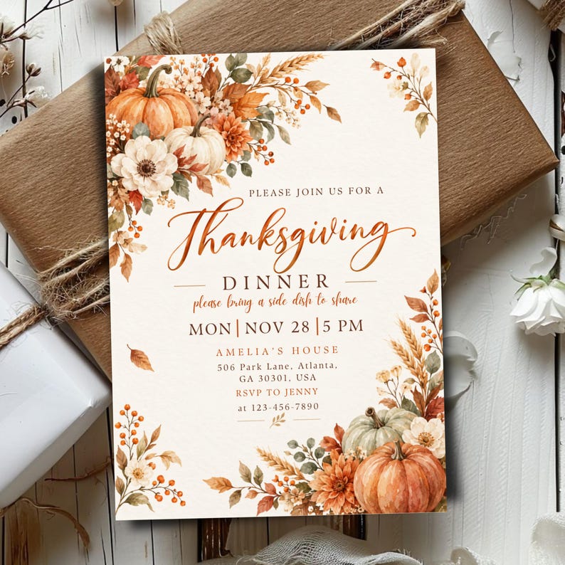 Thanksgiving Dinner Invitation Template, Friendsgiving Invite, Canva Editable Let's Give Thanks Invitation, Fall Rustic Pumpkin Party Card