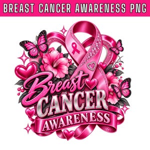 May include: A digital graphic design featuring a pink awareness ribbon, vibrant pink hibiscus flowers, and butterflies. The text reads Breast Cancer Awareness in stylized silver and pink lettering, accented by small pink hearts and sparkling star icons.