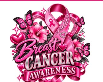 Può includere: Un design grafico digitale con un nastro rosa di sensibilizzazione, vivaci fiori di ibisco rosa e farfalle. Il testo recita Breast Cancer Awareness in lettere argentate e rosa stilizzate, arricchito da piccoli cuori rosa e stelle.