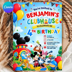 May include: A birthday invitation card featuring cartoon characters including Mickey Mouse, Minnie Mouse, Donald Duck, Daisy Duck, and Pluto. The text reads Benjamin's Clubhouse to celebrate his 4th birthday on Sunday October 20 from 3 to 5 PM.